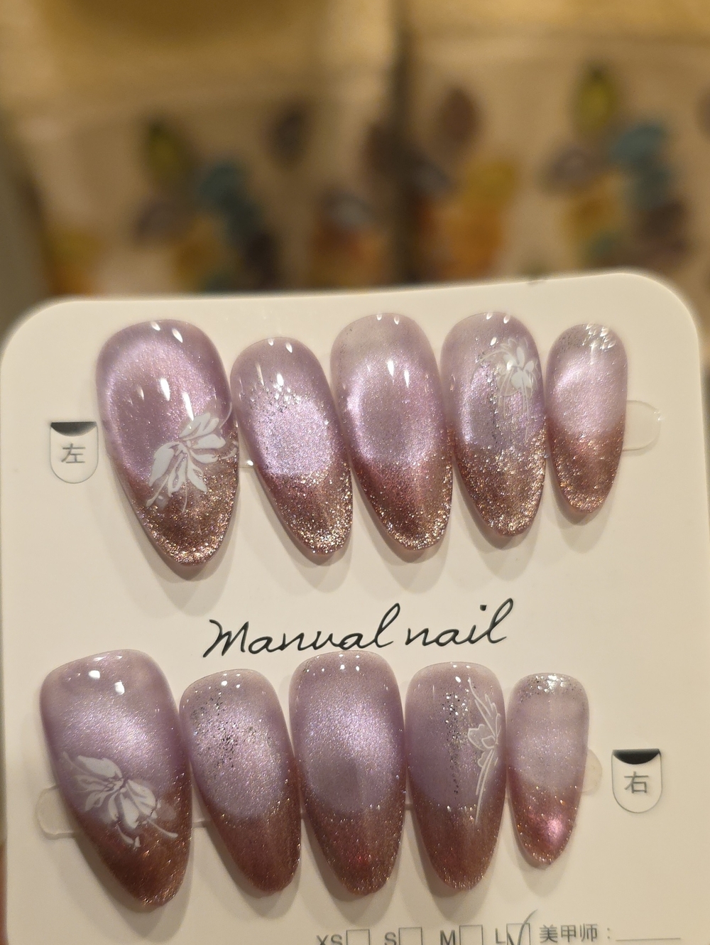 Handcrafted Lavender Pearl Press-On Nails with Glitter Tips Size Large